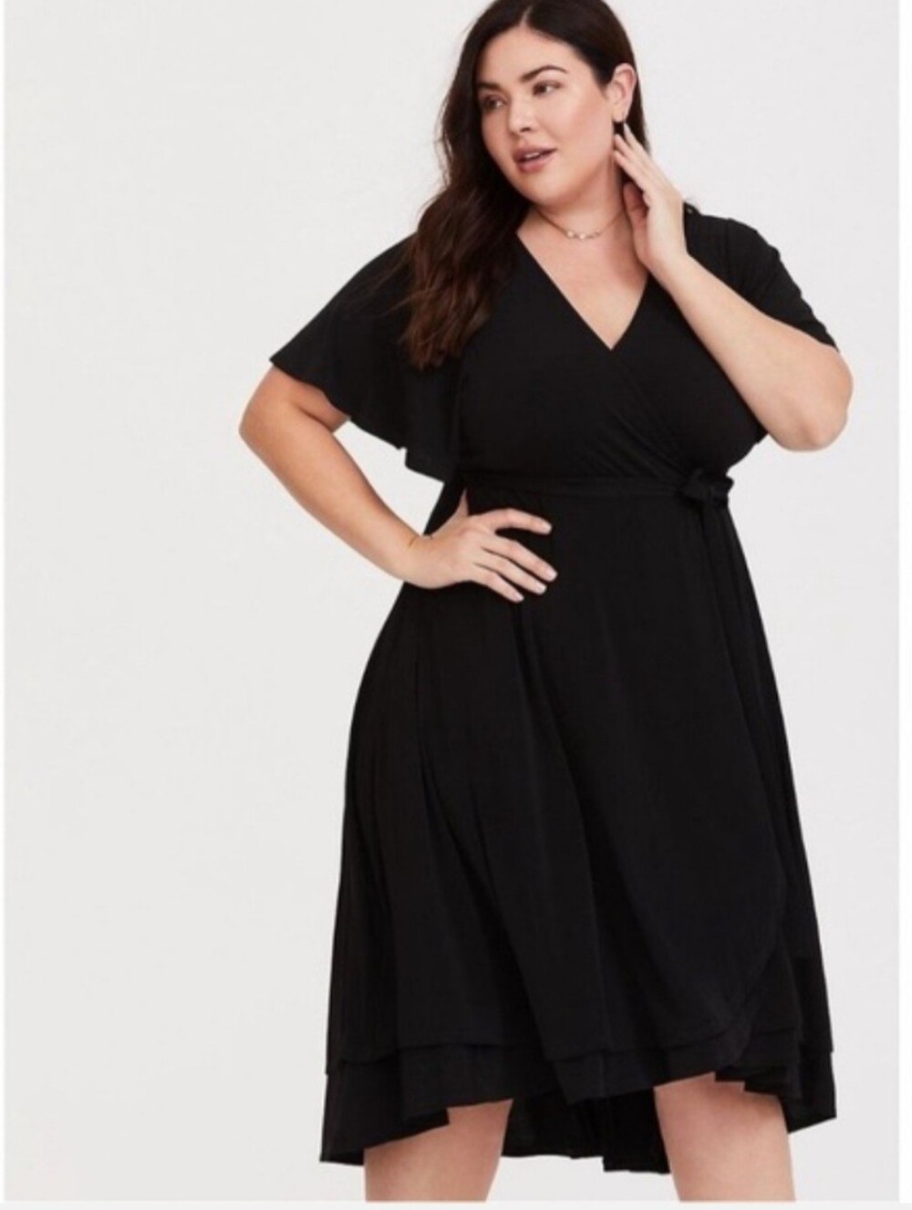 Torrid Black Belted Midi Wrap Dress W/Flutter Sleeves & Ruffle Layers Size 0X(L)